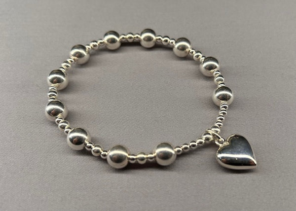 Sterling Silver 3mm 4mm and 8mm bead bracelet with medium heart charm