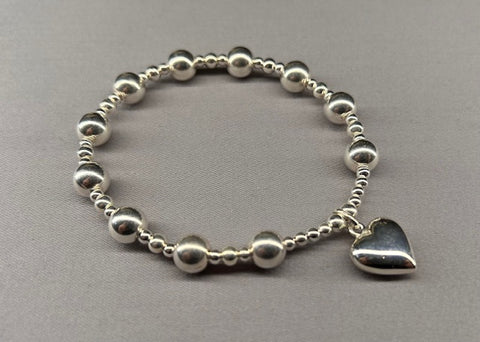 Sterling Silver 3mm 4mm and 8mm bead bracelet with medium heart charm