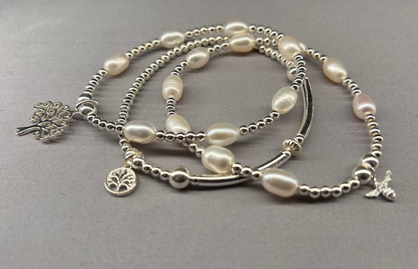 Freshwater pearl and 3mm sterling silver bead bracelet with tiny bee charm