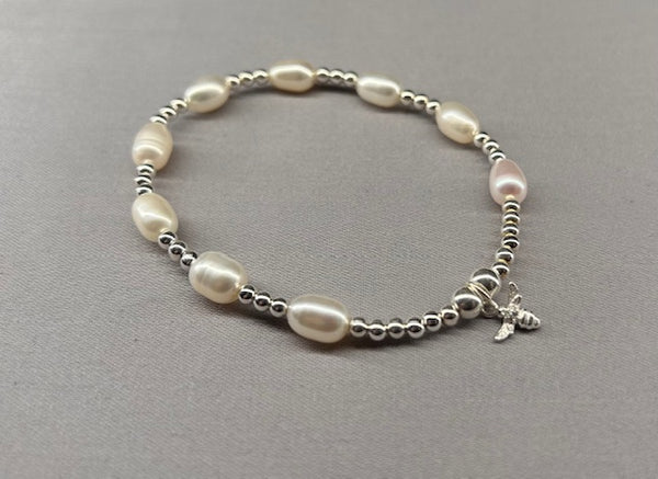 Freshwater pearl and 3mm sterling silver bead bracelet with tiny bee charm
