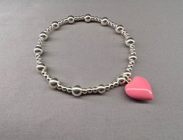 Sterling Silver 3mm and 6mm bead bracelet with pink enamel heart charm
