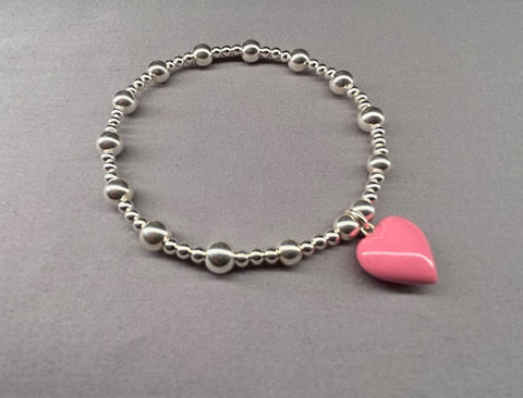 Sterling Silver 3mm and 6mm bead bracelet with pink enamel heart charm
