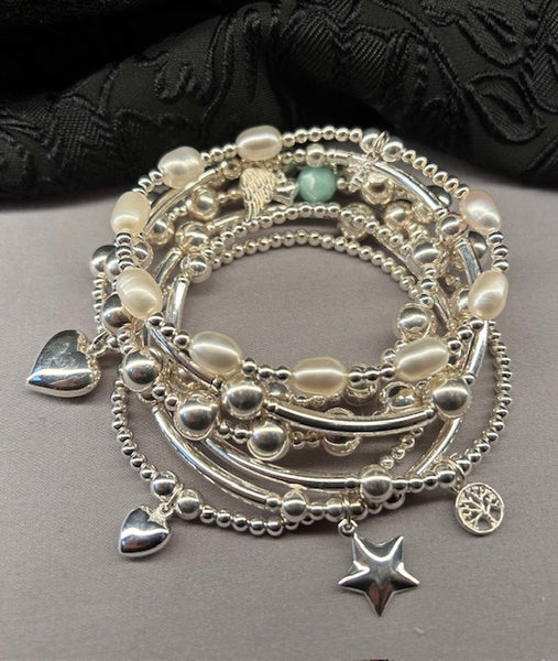 Freshwater pearl and 3mm sterling silver bead bracelet with tiny bee charm