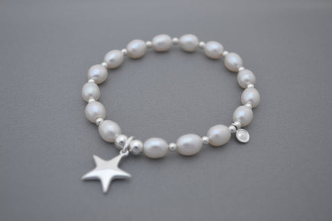 Freshwater pearl and Sterling Silver bead bracelet with puff star charm