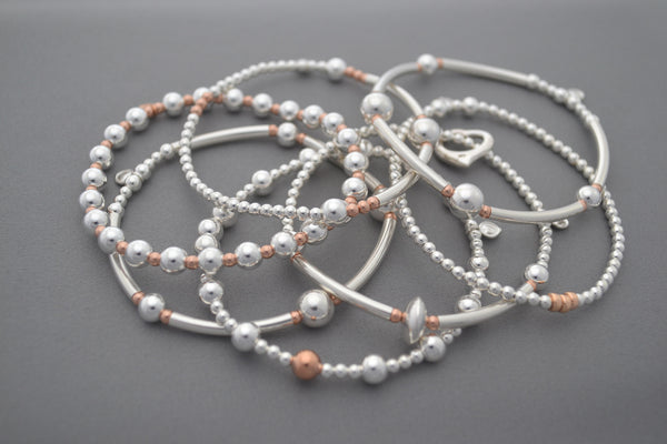 Limited Rose Gold bead and Sterling Silver noodle three bracelet stack