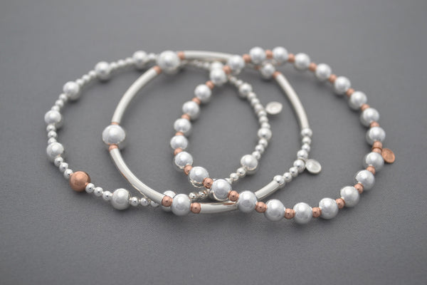 Limited Rose Gold bead and Sterling Silver noodle three bracelet stack