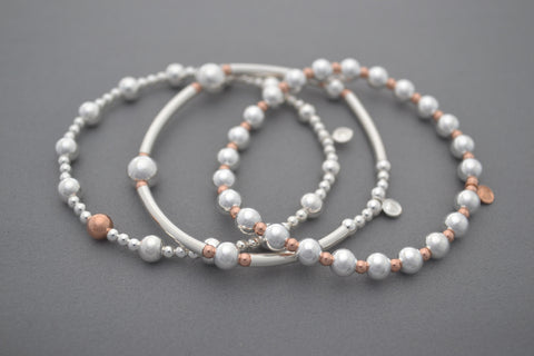 Limited Rose Gold bead and Sterling Silver noodle three bracelet stack