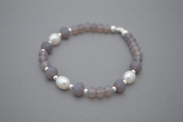 Sterling Silver and Grey glass bead bracelet with Freshwater pearls