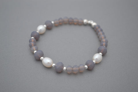 Sterling Silver and Grey glass bead bracelet with Freshwater pearls