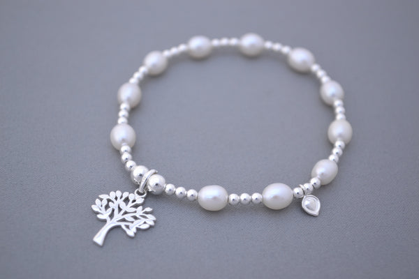 Freshwater Pearl and Sterling Silver mix bead handmade bracelet with Tree of Life charm