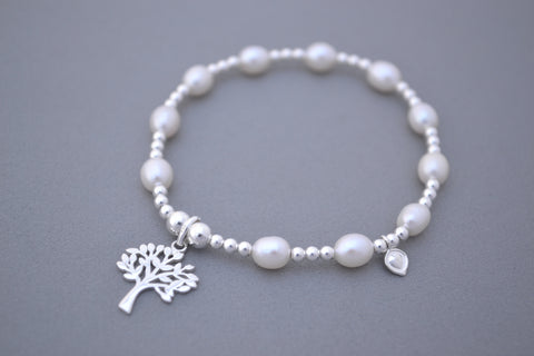 Freshwater Pearl and Sterling Silver mix bead handmade bracelet with Tree of Life charm