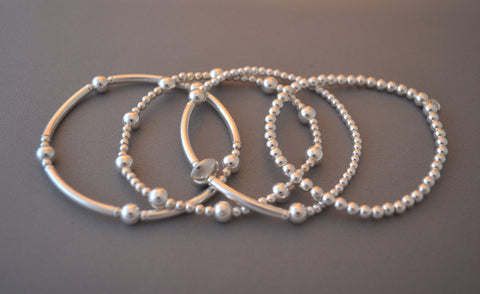 Limited Edition Sterling Silver bracelet stack - set of four round bead and noodle bracelets