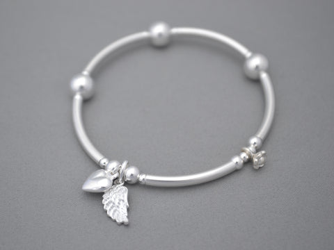 Sterling Silver noodle and bead bracelet with Angel wing and puff heart charms