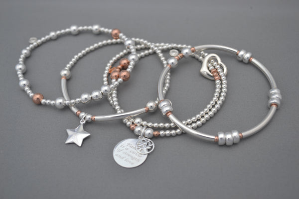 Limited Edition Sterling Silver and Rose Gold bracelet stack - set of four noodle and bead bracelets with Family Tree of Life and puff star charms