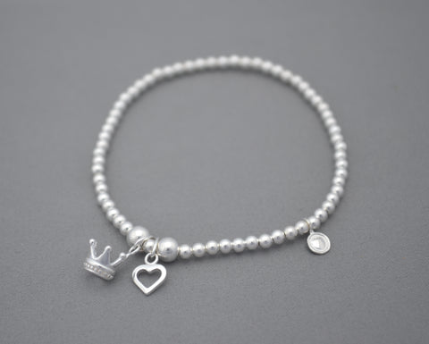 Sterling Silver 3mm bead bracelet with crown and heart charms