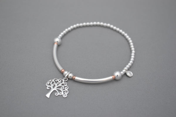Limited Edition Tree of Life Sterling Silver half noodle and Rose Gold bead bracelet