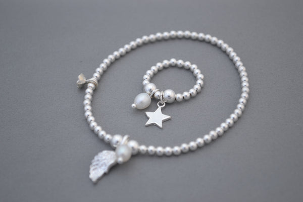 Sterling Silver 5mm and 3mm mixed bead bracelet with Angel wing and pearl charms