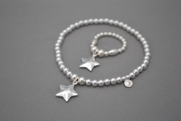 Sterling Silver mixed bead bracelet with matching ring and puff star charms