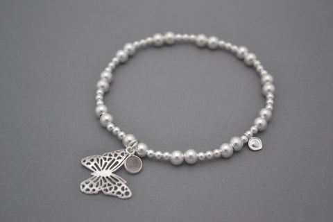 Sterling Silver 3mm and 5mm bead bracelet with Butterfly and Rose Quartz charm