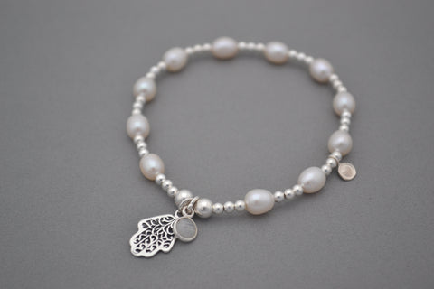 Freshwater Pearl and Sterling Silver mix bead bracelet with Hamsa Hand charm