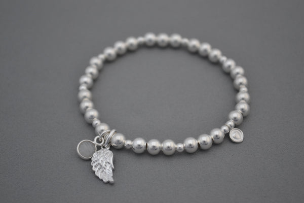 Sterling Silver 3mm and 6mm mix bead bracelet with Angel Wing and Rose Quartz Charm