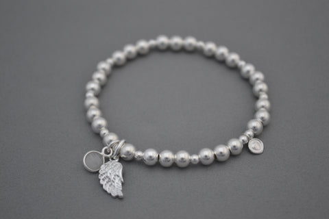 Sterling Silver 3mm and 6mm mix bead bracelet with Angel Wing and Rose Quartz Charm