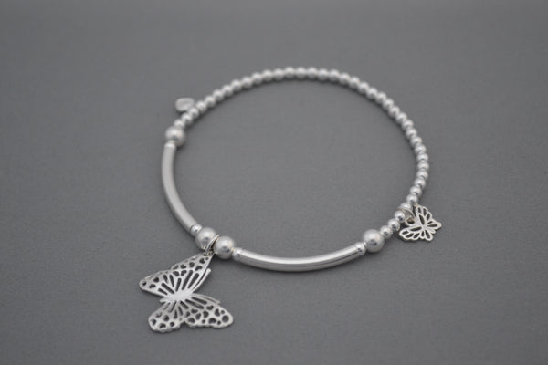Sterling Silver 3mm and half noodle bead bracelet with pretty Butterfly charms