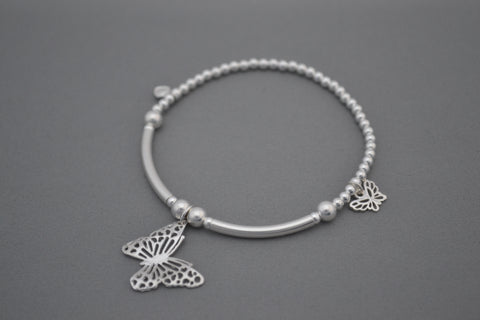 Sterling Silver 3mm and half noodle bead bracelet with pretty Butterfly charms