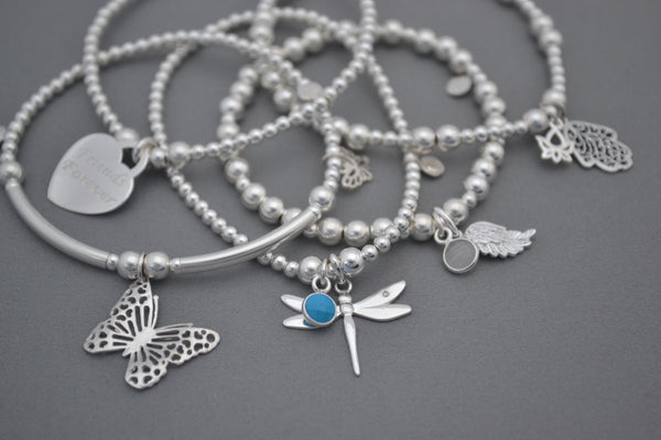 Sterling Silver 3mm and half noodle bead bracelet with pretty Butterfly charms
